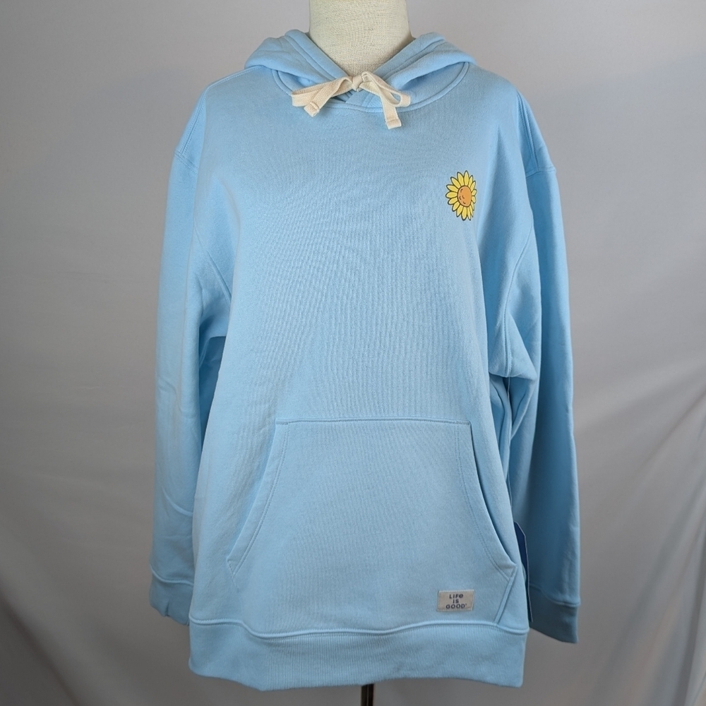 Life Is Good Fleece Hoodie Pullover Sunflower Kangaroo Pocket Light Blue XXL NWT